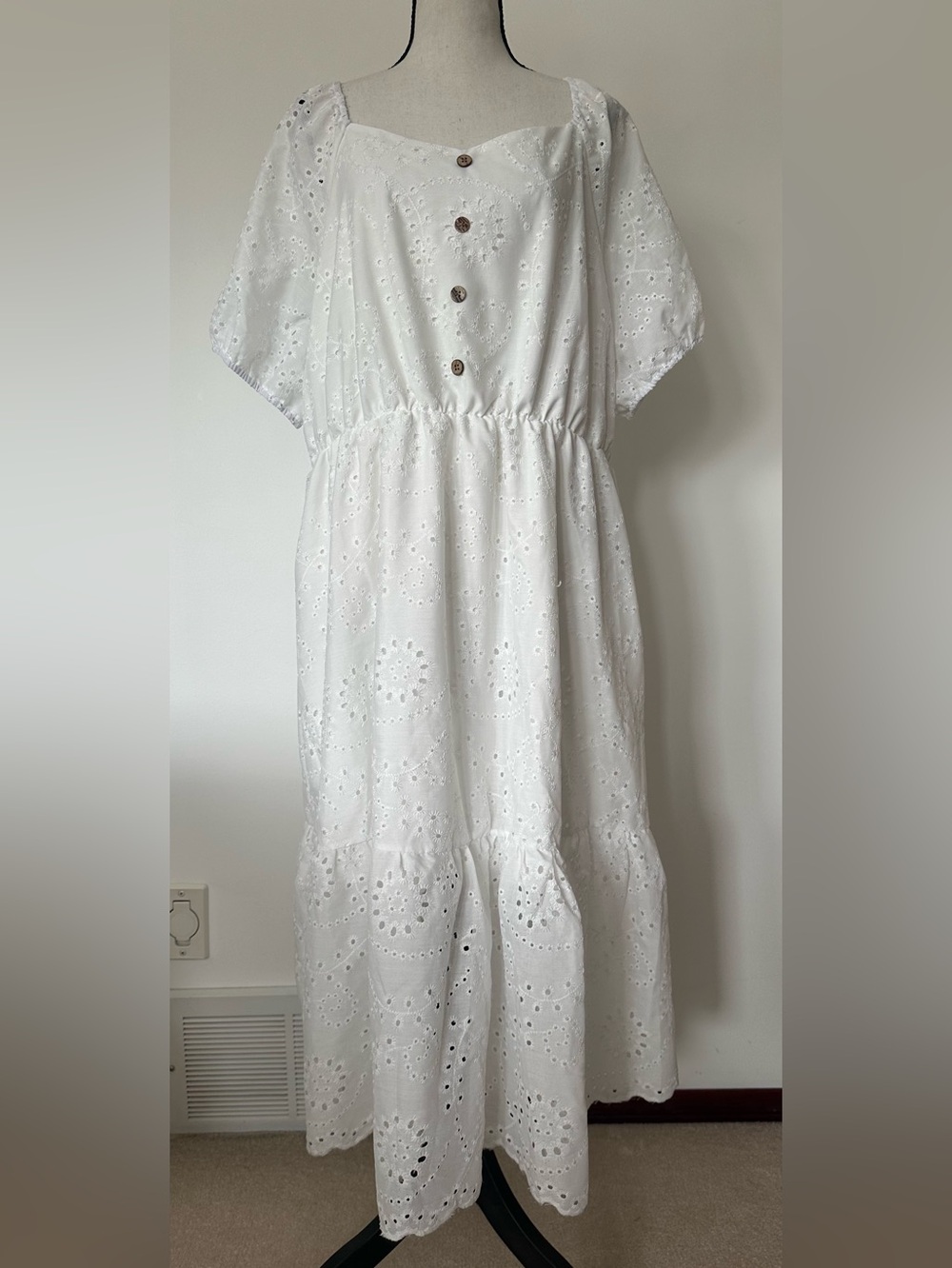 Cottagecore Boho White Eyelet Midi Maxi Dress Puff Sleeve Coastal Praire Modest - Picture 2 of 14